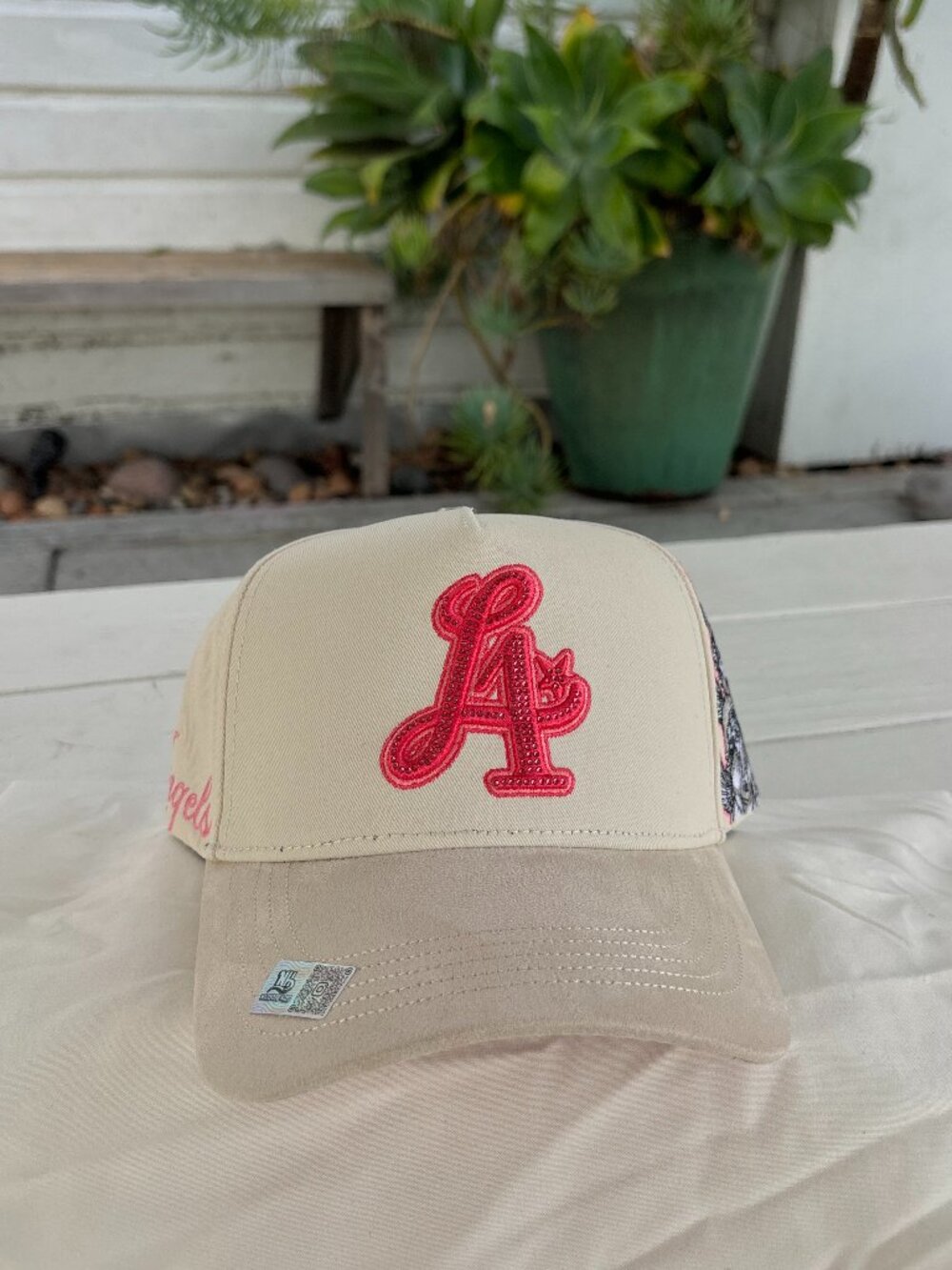 Nijayote Cream Color Hat with Pink Embroidery and Rhinestone Los Angeles Angels